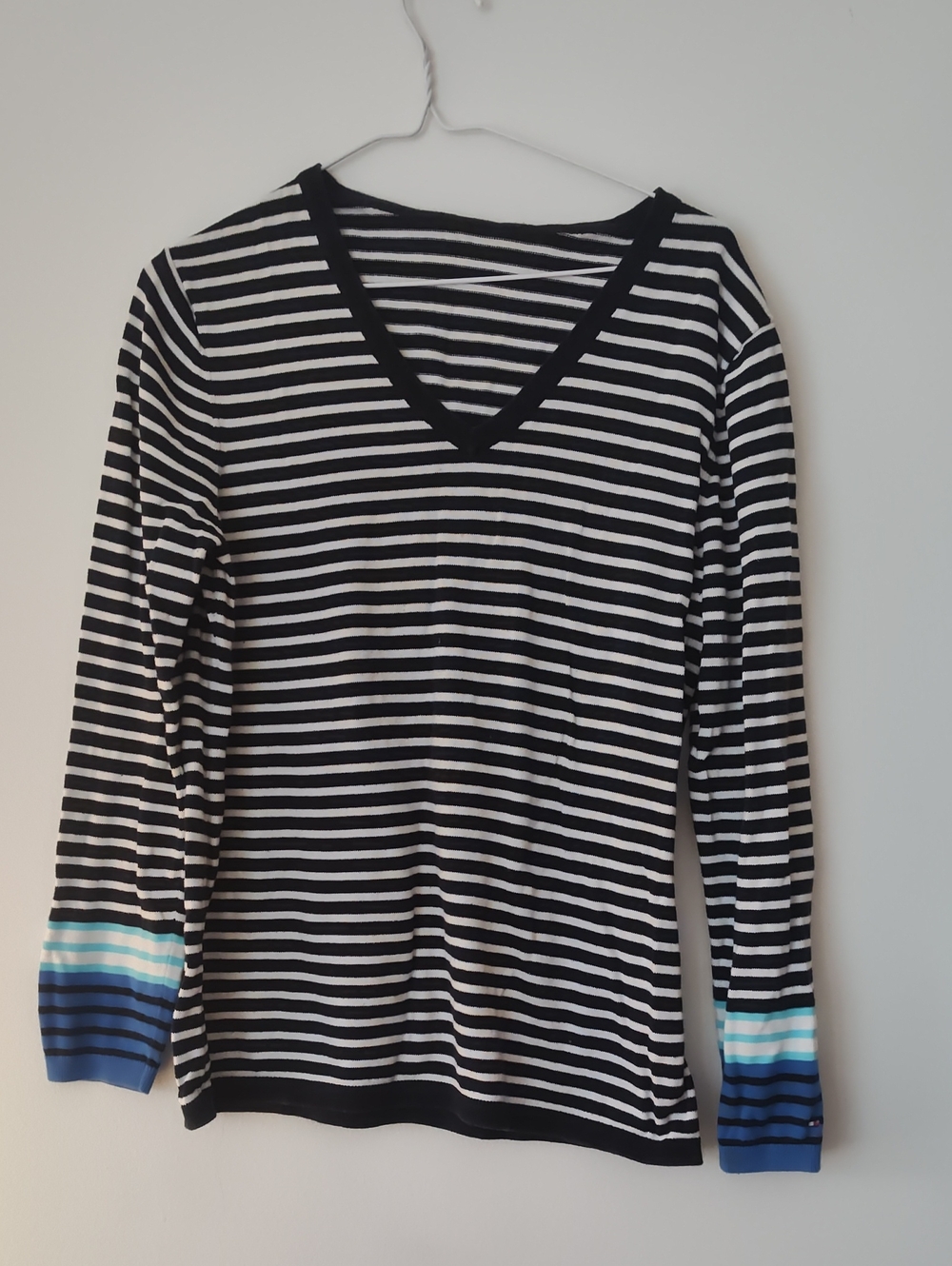 Tommy Hilfiger Black & White Striped V-Neck Sweater with Blue Accent Cuffs